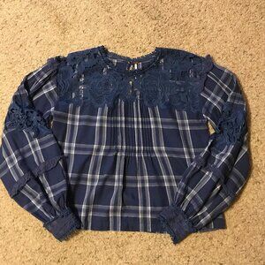 Free People Navy Blue Plaid Lace Yoke Crop Top